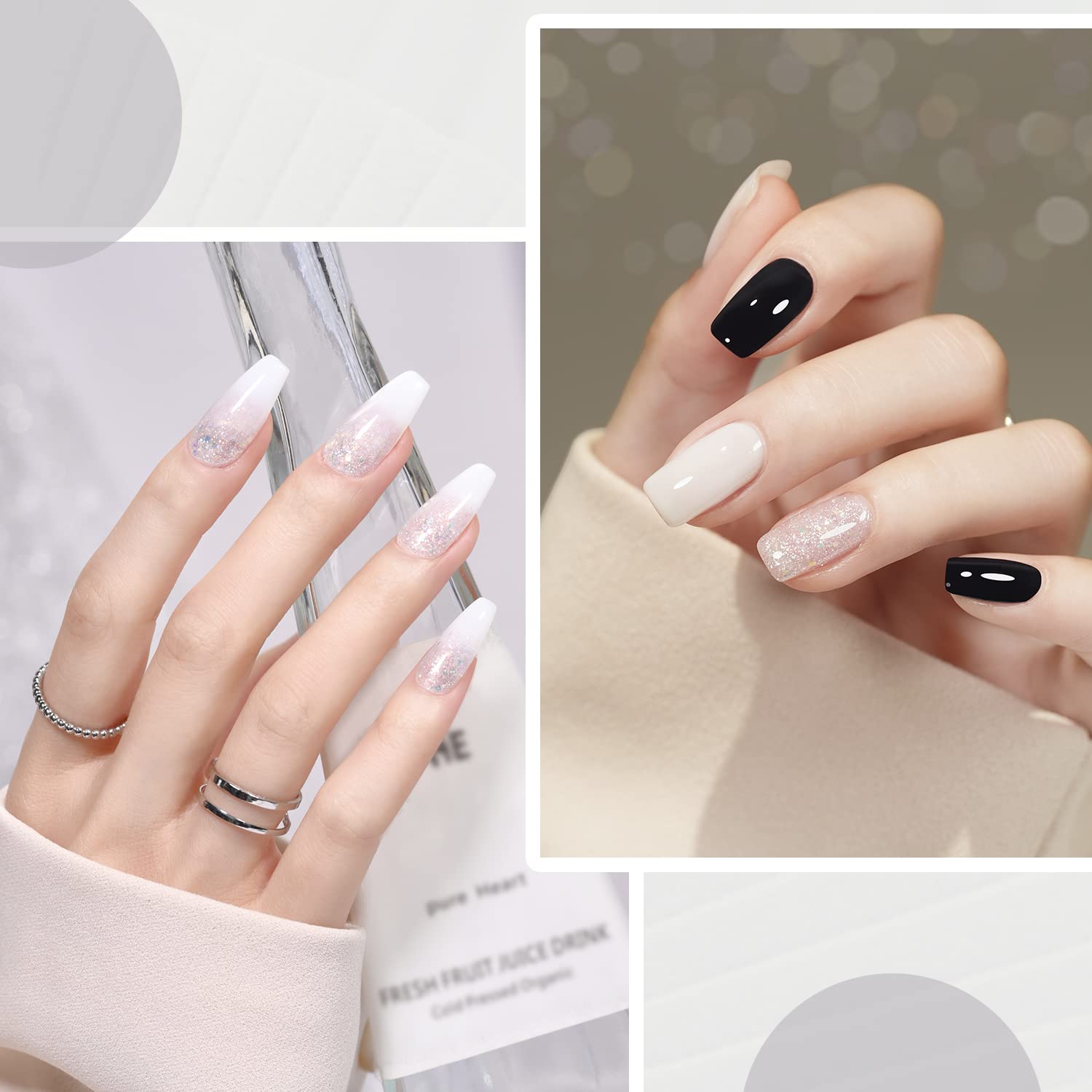 Gel Nail Polish Kit, 3 Colors Black Milky White Jelly Glitter, Sheer Clear Soak Off UV Gel Polish Set - Evening Lights