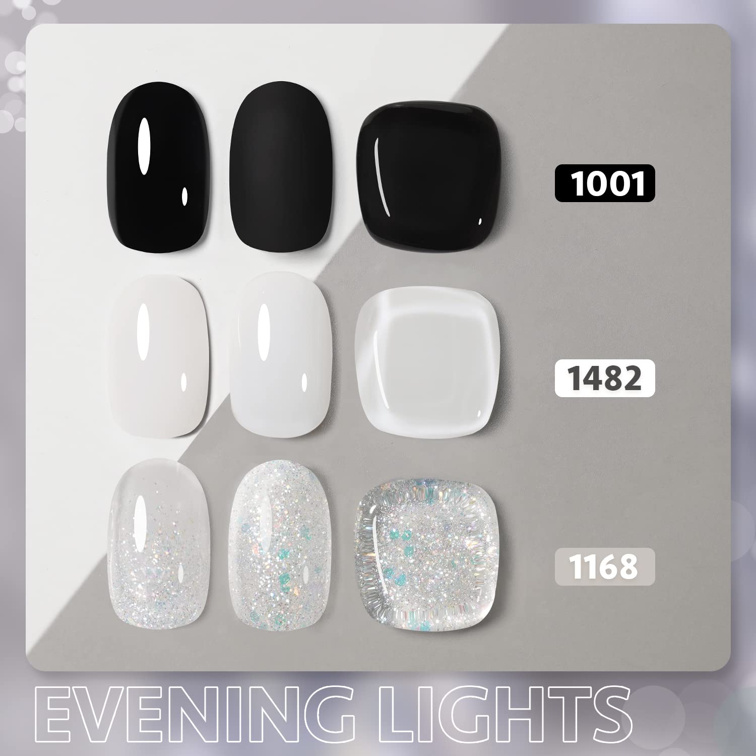 Gel Nail Polish Kit, 3 Colors Black Milky White Jelly Glitter, Sheer Clear Soak Off UV Gel Polish Set - Evening Lights