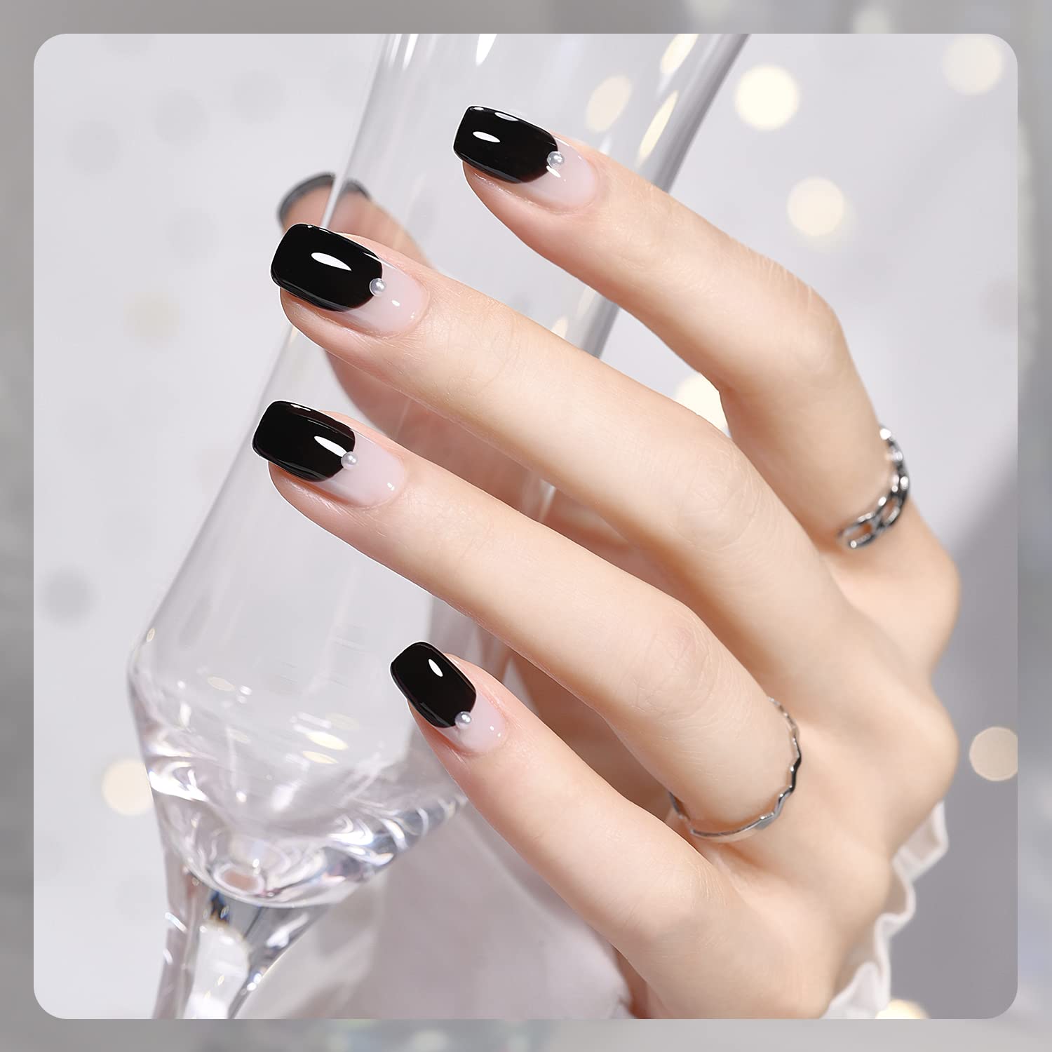 Gel Nail Polish Kit, 3 Colors Black Milky White Jelly Glitter, Sheer Clear Soak Off UV Gel Polish Set - Evening Lights