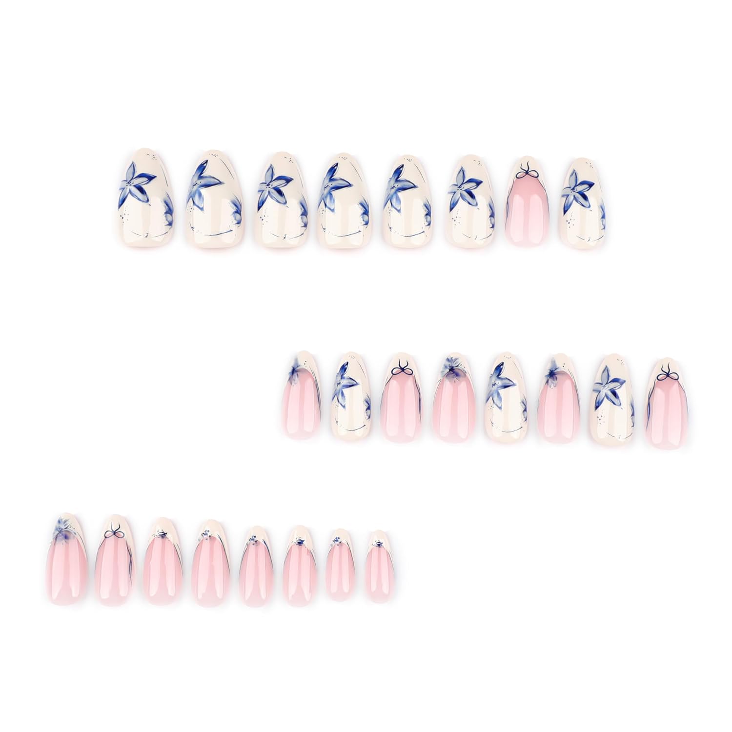French Short Press On Nails Almond, Nude Fake Nails with Beige French Tip and Graceful Blue Floral Petal Design, Glossy Gel Finish Acrylic Nails, Natural Reusable Glue On Nails Kit for Women, 24 Pcs
