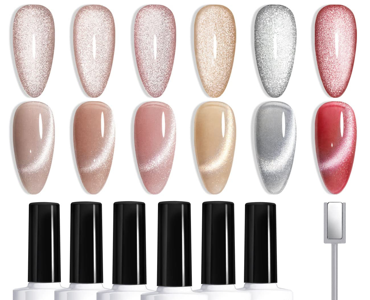 Cat Eye Gel Nail Polish Set Silver Glitter Nude Purple Pink Red Champagne Gold Brown 6 Colors 9D Galaxy Velvet Ice Jelly Gel Polish with Magnet Stick UV LED Curing Requires Soak Off Home Salon