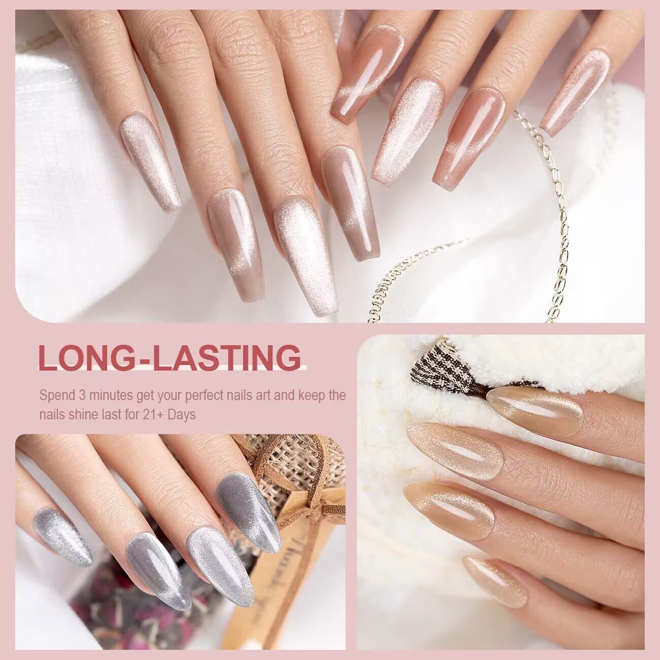 Cat Eye Gel Nail Polish Set Silver Glitter Nude Purple Pink Red Champagne Gold Brown 6 Colors 9D Galaxy Velvet Ice Jelly Gel Polish with Magnet Stick UV LED Curing Requires Soak Off Home Salon