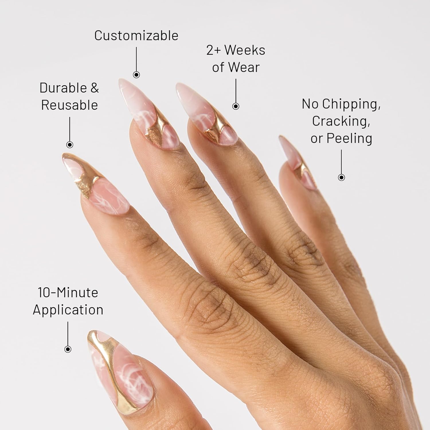 Gold In My Veins (30 Nails, 15 Sizes) - Long, Almond, Glossy, Opaque - Brush-On Nail Glue, Nail File, Cuticle Stick, Prep Pad - Reusable - Cruelty Free, Vegan, Women Founded